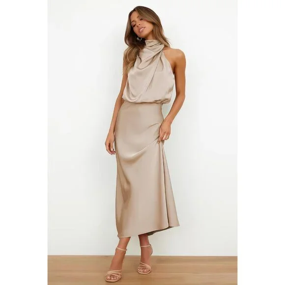 Women's Almond Spring Summer Satin Sleeveless Elegant Formal Mock Neck Maxi - Picture 4 of 6